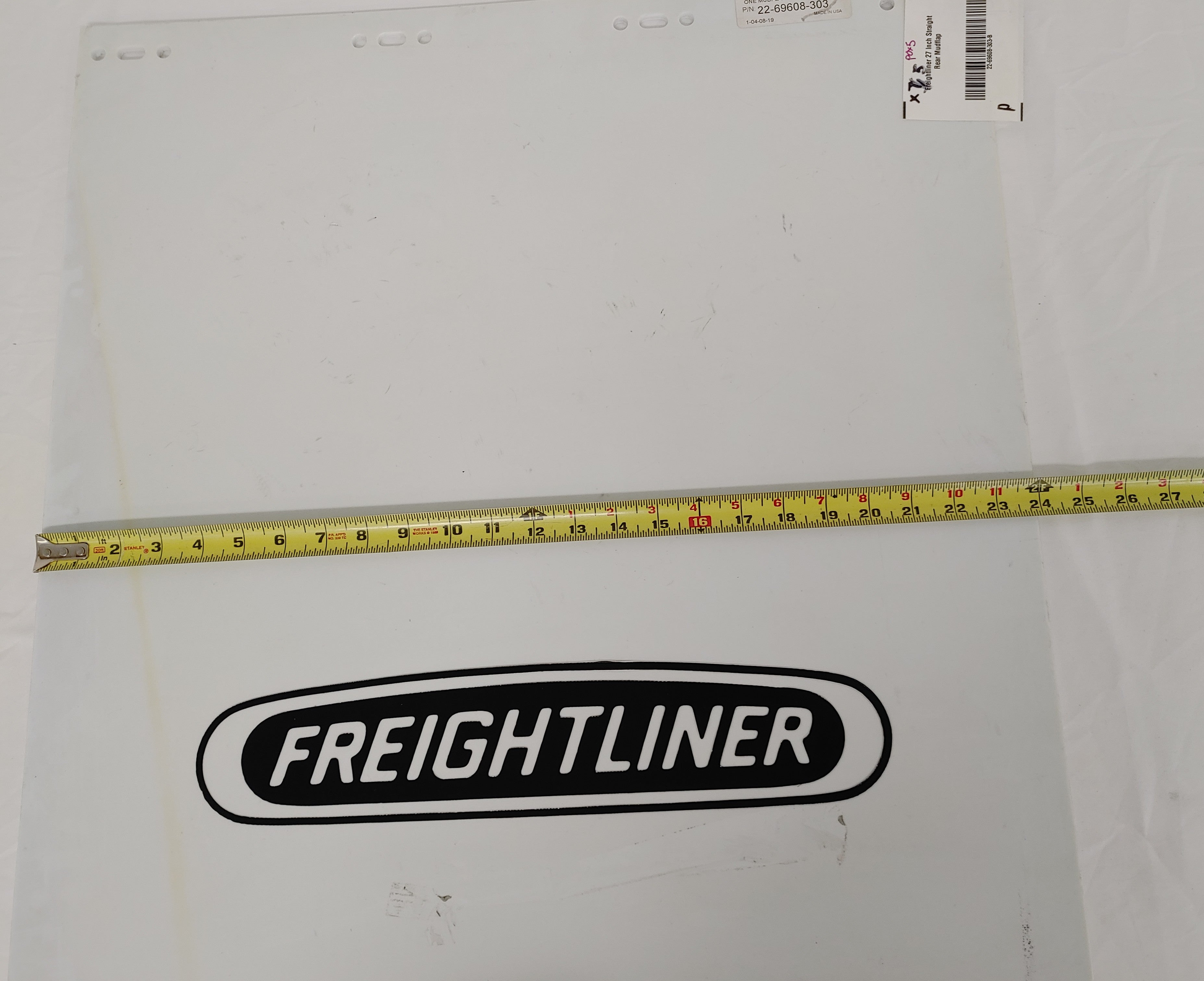 Freightliner 27 Inch Straight Rear White Mudflap w/ Logo - P/N  22-69608-303 (8154170163516)