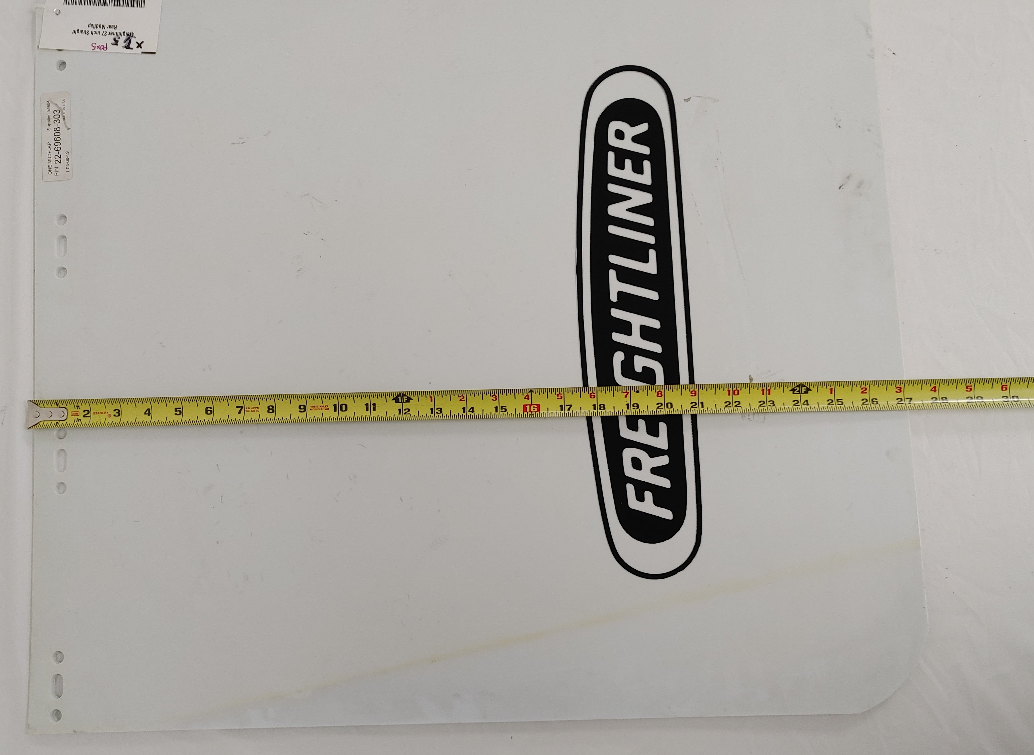 Freightliner 27 Inch Straight Rear White Mudflap w/ Logo - P/N  22-69608-303 (8154170163516)